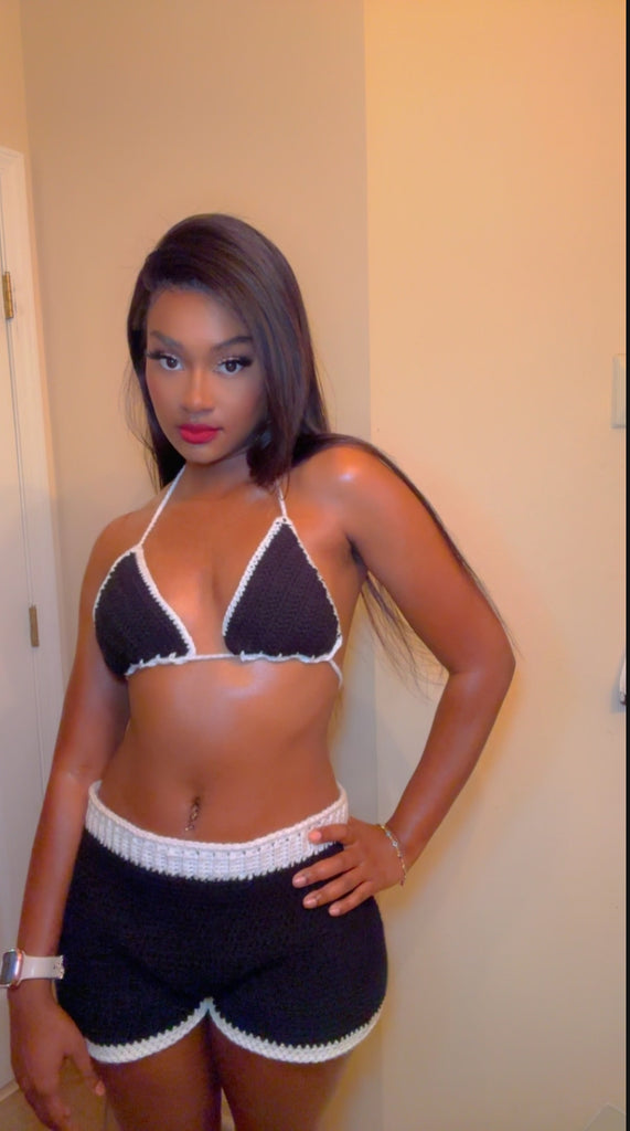 White Outlined Crochet Bikini Short Set