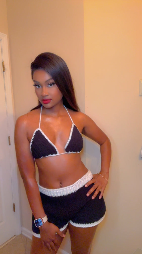 White Outlined Crochet Bikini Short Set